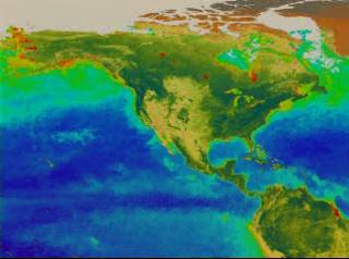 SeaWiFS false color data showing seasonal change in the oceans and on land for North America and the North Pacific.  The data is seasonally averaged, and shows fall, winter, spring, summer, fall, winter, spring, and summer.