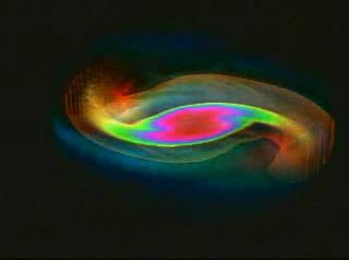 A simulated collsion between two neutron stars, shown as translucent spheres.  The flat circles are cross-sections through the equators, showing matter density increasing as colors move from yellow to blue to red.