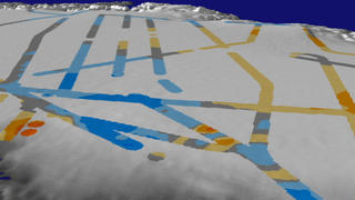 Flight paths showing ice thickness changes as measured by the Airborne Topographic Mapper