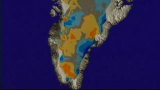 link to multimedia item number 586 entitled 'Greenland: East Coast Zoom-down With Ice Data'. Description is 'Zoom-down to the east coast of Greenland showing changes in ice thickness from 1993-1994 to 1998-1999 as measured by the Airborne Topographic Mapper'