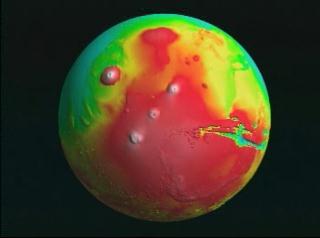 Flyover of Mars topography globe in Tharsis region with false color texture