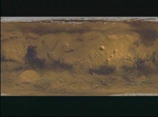 Push in and spin around Tharsis rise on a flat map of Mars MOLA topography with Viking true color