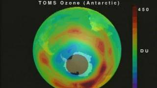 link to multimedia item number 835 entitled 'TOMS Data Showing the Ozone Hole over Antarctica (8/20/92 - 10/19/92)'. Description is 'TOMS Ozone over Antarctica from 8-20-92 to 10-19-92.  The ozone hole is indicated in shades of blue.  The missing data region over the south pole is due to the inability of the TOMS instrument to measure data during the polar night.'