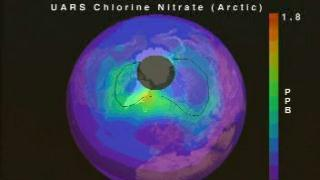 link to multimedia item number 838 entitled 'Chlorine Nitrate over the Arctic from CLAES (2/12/93 - 3/16/93)'. Description is 'Chlorine monoxide over the arctic as measured by CLAES from 2-12-93 to 3-16-93'