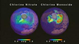 link to multimedia item number 839 entitled 'Chlorine Nitrate from CLAES and Chlorine Monoxide from MLS over the Arctic (2/12/93 - 3/10/93)'. Description is 'Chlorine nitrate measured by CLAES and chlorine monoxide measured by MLS over the arctic from 2-12-93 to 3-10-93'