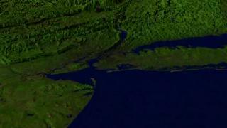 link to multimedia item number 862 entitled 'Fly Up the Hudson River'. Description is 'A flight up the Hudson River, from Landsat imagery draped over elevation data'