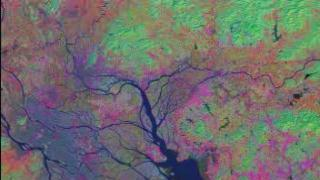 link to multimedia item number 911 entitled 'Pearl River, Region 3, Principal Component Analysis 621'. Description is 'A zoom into the Pearl River area, using Landsat data'