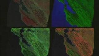 link to multimedia item number 926 entitled 'Split Screen View of San Francisco Bay: NDVI'. Description is 'A 4-way split screen flyover of San Francisco bay using different band combinations of Landsat imagery, ending with NDVI data'