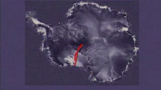 link to multimedia item number 1000 entitled 'Byrd's Flight Path'. Description is 'An animation of Byrds flight path overlaid on RADARSAT data of Antarctica'