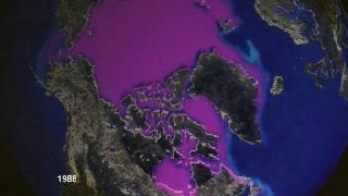 link to multimedia item number 1071 entitled 'March Monthly Sea Ice Concentrations for 1979-1998 (Purple)'. Description is 'Arctic sea ice concentrations in March of each year from 1979 through 1998'