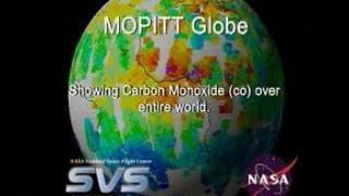 link to multimedia item number 1133 entitled 'MOPITT Globe'. Description is 'Global carbon monoxide as measured by MOPITT from March 5, 2000 to March 7, 2000 is shown on a rotating globe.  High values of carbon monoxide are shown in red and yellow, and the large areas of missing data in white are regions not seen by MOPITT during this three-day period.'