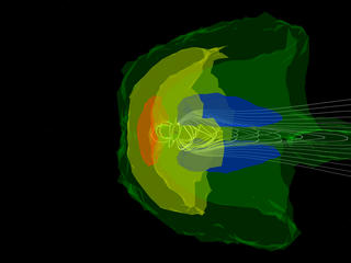 A profile view of the magnetosphere.  The Sun would be located to the left.  Lines from the Earth's magnetic field are stretched out behind the Earth to form the magnetotail.