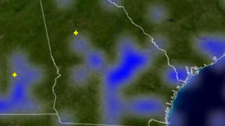 Atlanta, Georgia, showing the rainfall southeast of the city in blue.