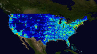 link to multimedia item number 2566 entitled 'Continental United States Population Map'. Description is '2001 US Census Population Estimates with BlueMarble data as background.'