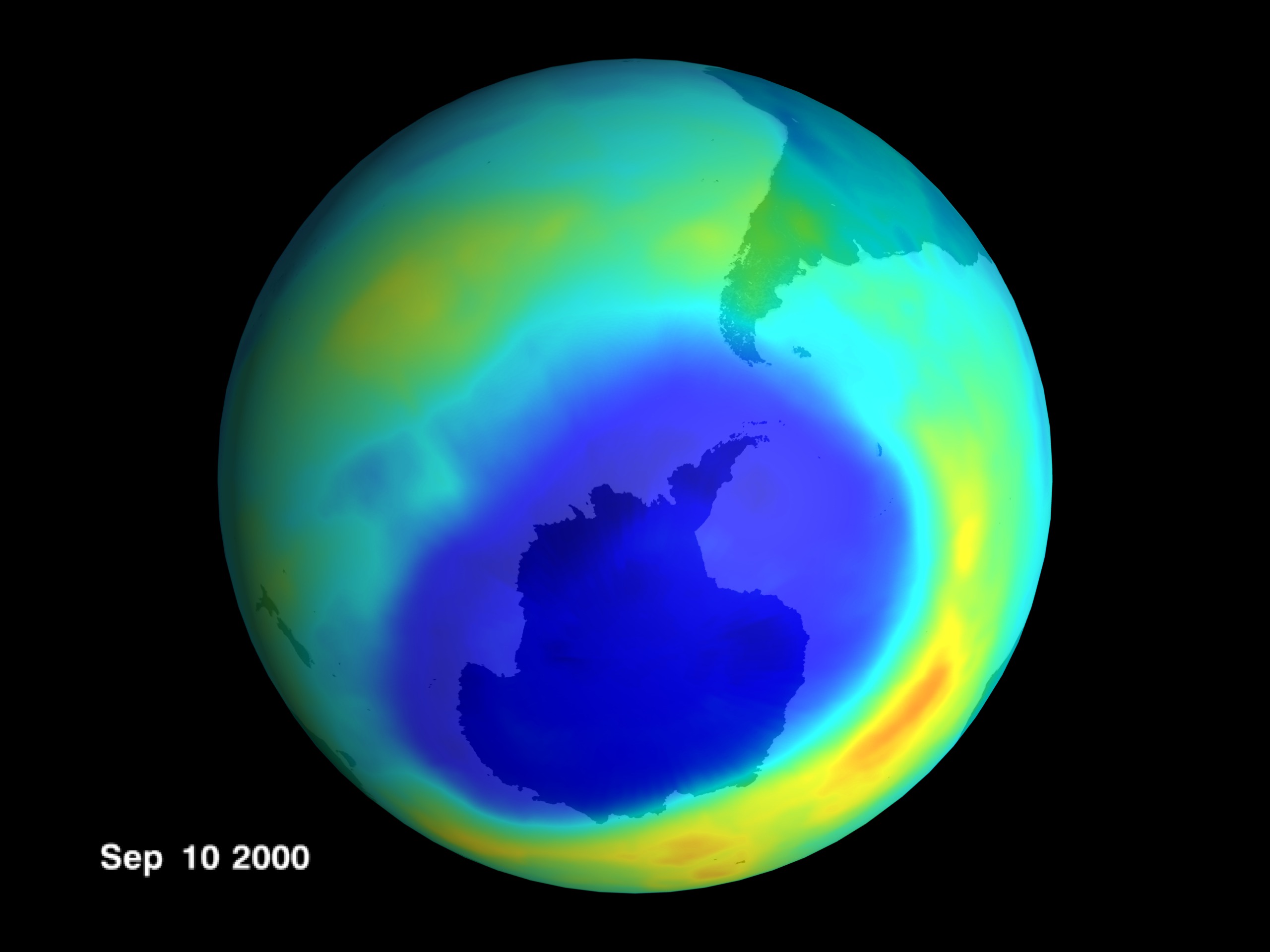 El agujero en la capa de ozono en 2000 por los clorofluorocarbonos. 