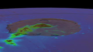 Transparent Olympus Mons juxtaposed over the Hawaiian Islands.