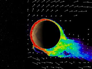 In the case of low solar wind pressure, the sunward side of the ionosphere is thick (the red region) and some of the atmosphere can be seen trailing off behind the planet.