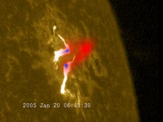 RHESSI spacecraft images of gamma rays and X-rays from the hottest part of the flare.