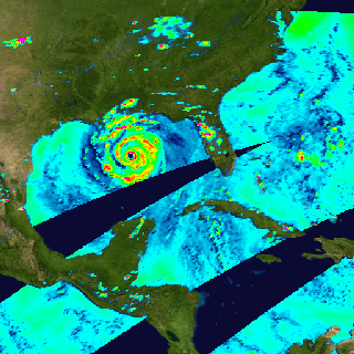 Horizontally polarized 85GHz microwave brightness temperatures measured by the TMI instrument on TRMM from August 22, 2005 through August 30, 2005, during Hurricane Katrina.This product is available through our Web Map Service.
