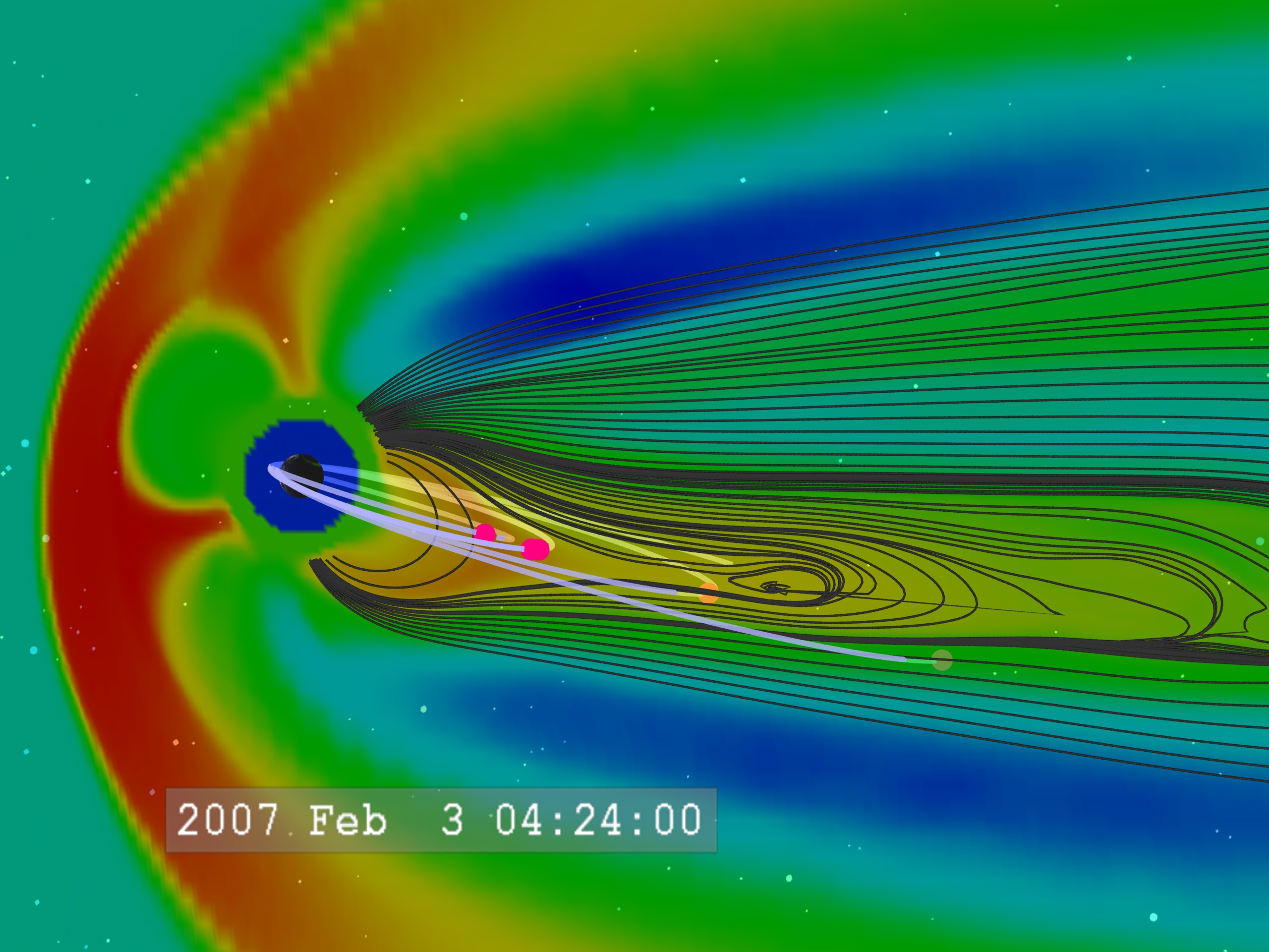 In this view of the plasma pressure (colors) and the magnetic field lines (black), we see a substorm event.