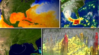 NASA researchers studied several elements during Hurricane Katrina in 2005.  The top left window shows sea surface temperature and clouds.  The bottom left window shows wind analysis model data.   The top right window shows Rainfall Accumulation.  The bottom right window shows Hurricane Katrina's Hot Towers.
