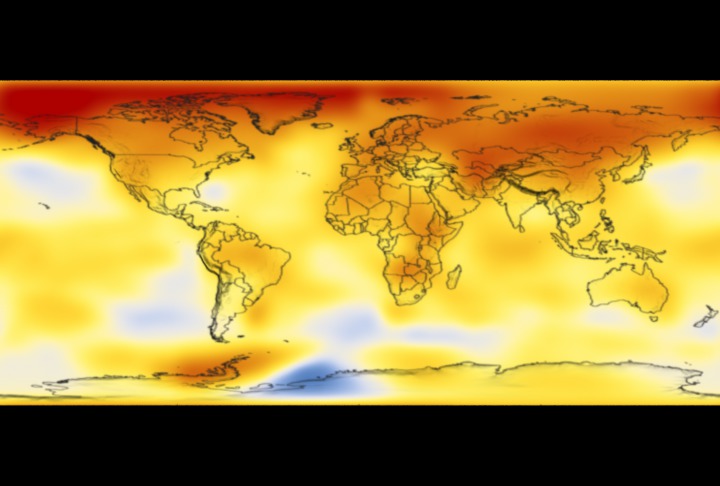Animation of global temperature anomalies from 1881 to 2006 taken as a five-year moving average.  Dark blue indicates areas cooler than average.  Dark red indicates areas warmer than average.  This animation is not annotated.