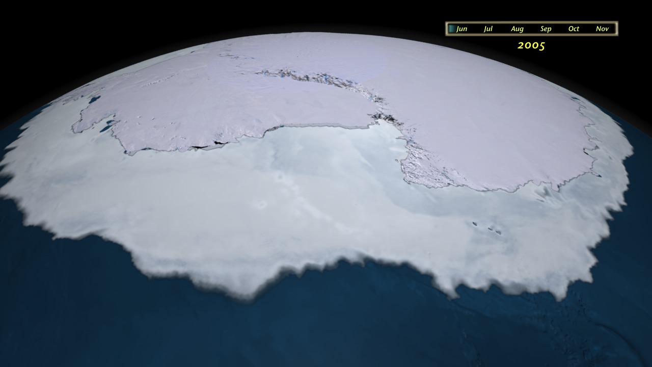 Animation of sea ice motion around Antarctica during 2005 with a date overlay.
