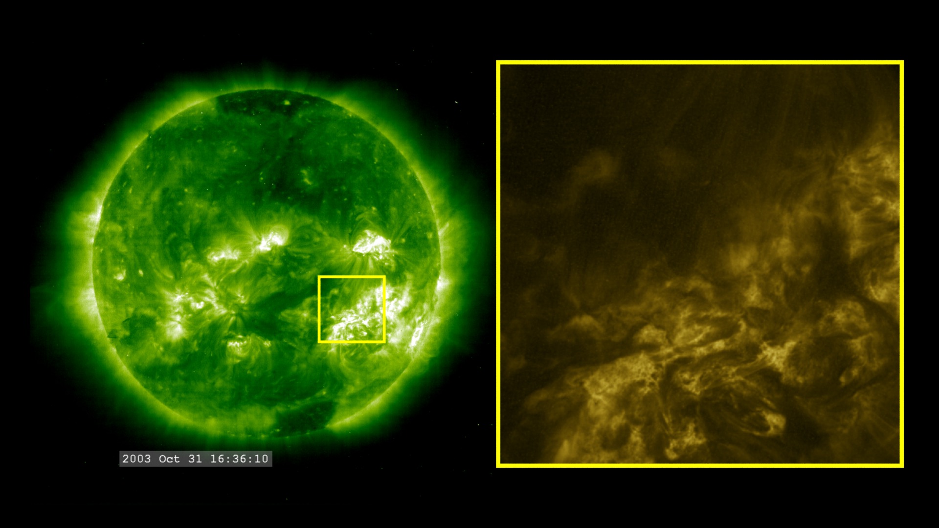 A synchronous play of SOHO/EIT (left) and TRACE (right) imagery from the 2003 Halloween Solar Storms.