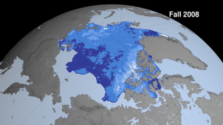 This sequence shows Arctic sea ice thickness derived from fall campaigns from the ICESat satellite. While the sea ice extent might look similar from year to year this thickness data shows dramatic thinning especially near the North Pole (shown in dark blue). This image was generated with data acquired between Oct 4 - Oct 19, 2008.