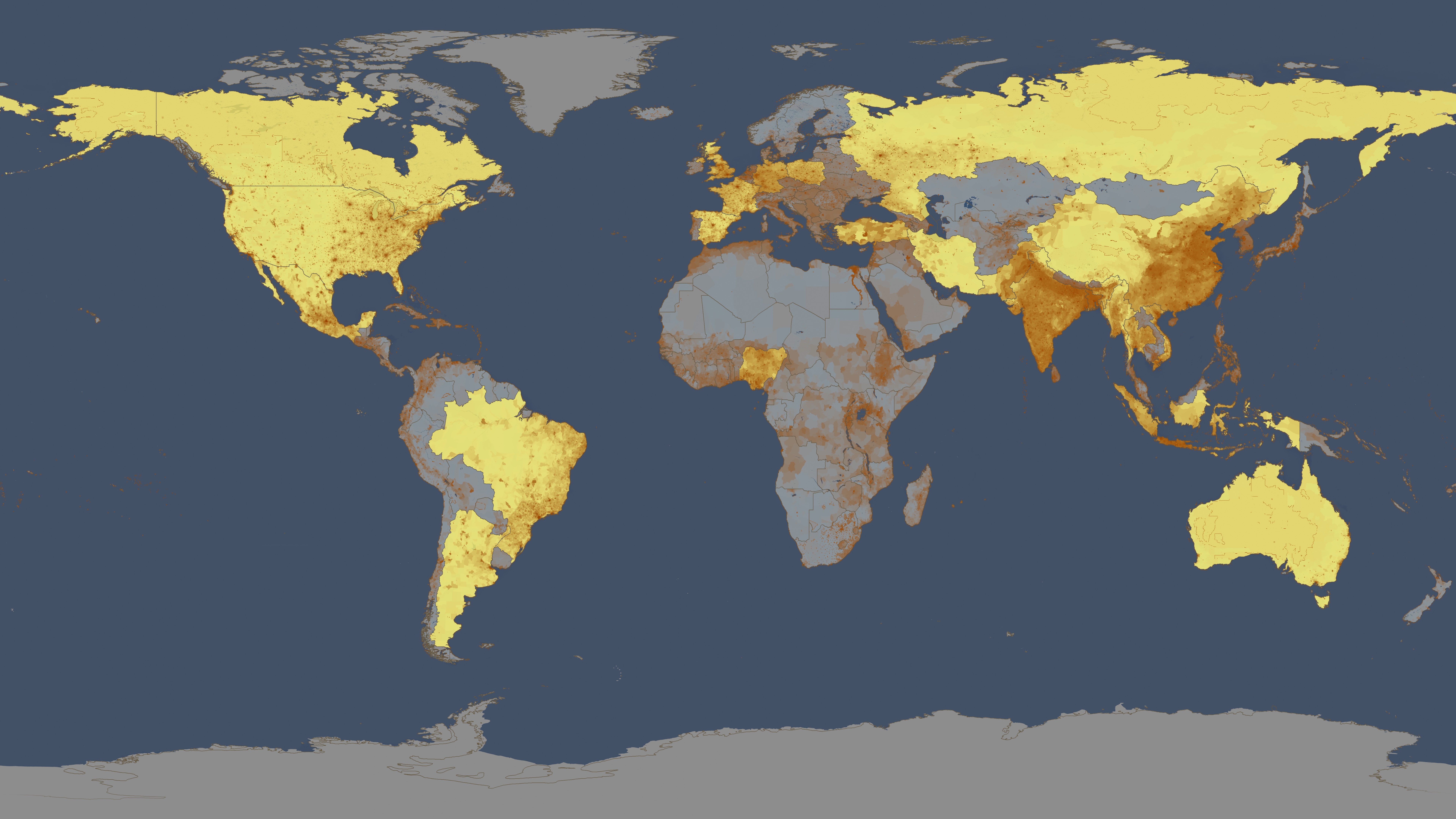 The countries that produced 82% of the world's cereals (grain,oats,wheat,rice,maize, millet, sorghum) in 2008 are shown in yellow and the world population is shown in brown.  This version of the image does not have topography.
