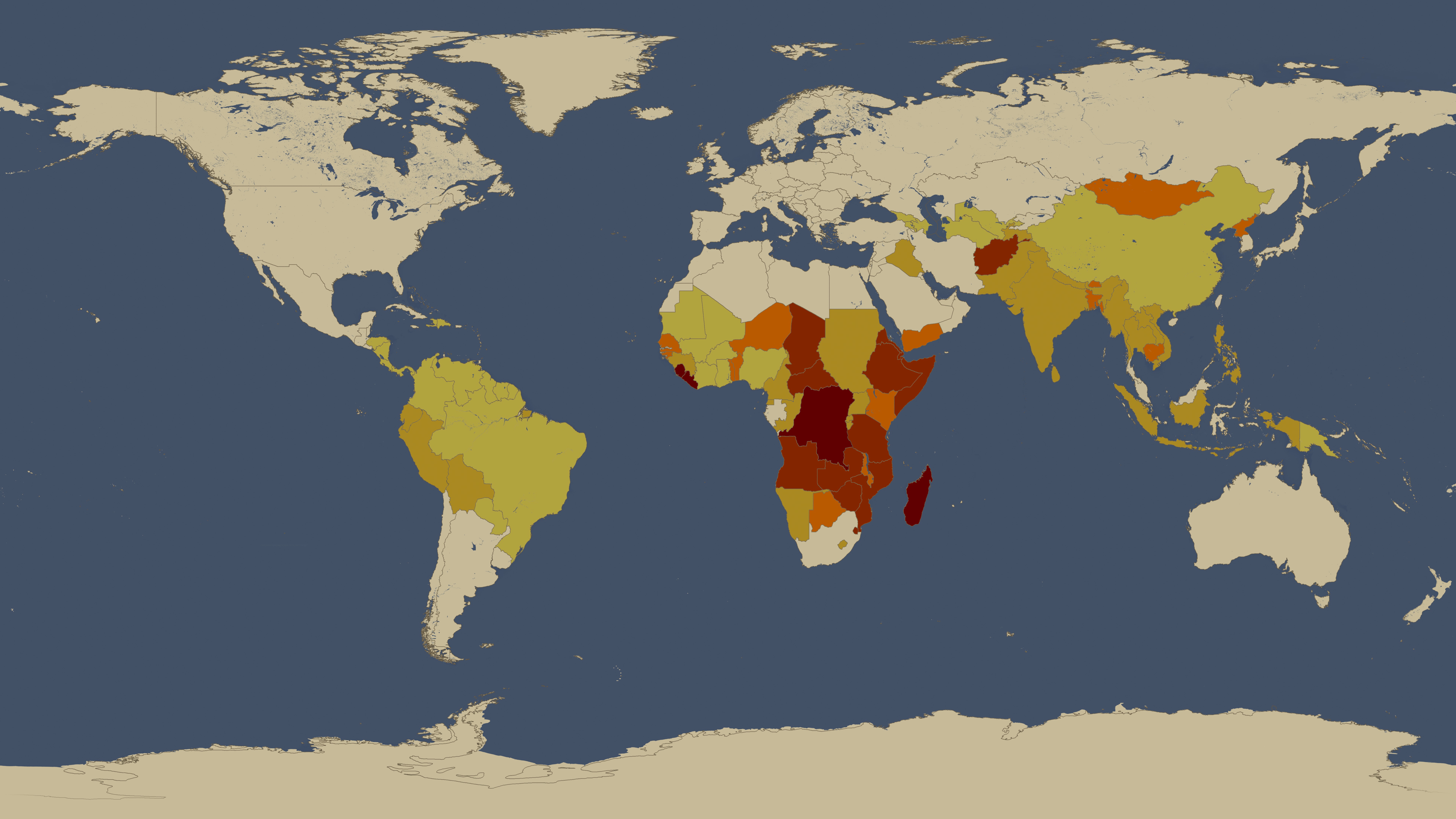 This image shows all countries classified as "Food Insecure" by the Food and Agriculture Organization of the United Nations, FAO, between 2003 and 2005. Pale yellow means more then 5% of the people have insufficient food, darker Yellow means greater then 15% of the people have insufficient food, Orange means greater then 25% of the people have insufficient food, Red means greater then 35% of the people have insufficient food, and deep Red means greater then 50% of the people have insufficient food.  