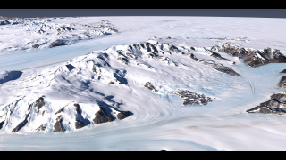 link to multimedia item number 3729 entitled 'Byrd Glacier'. Description is 'This cross image of the slow-moving Darwin Glacier in  the foreground and the faster-moving Byrd Glacier in the background as both glaciers approach the East Antarctic Ice Sheet. A 2x vertical exaggeration has been applied to the topography.'