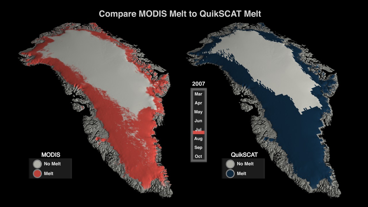 This animation shows the correspondence between the MODIS melt and the QuikSCAT melt over Greenland during 2007.