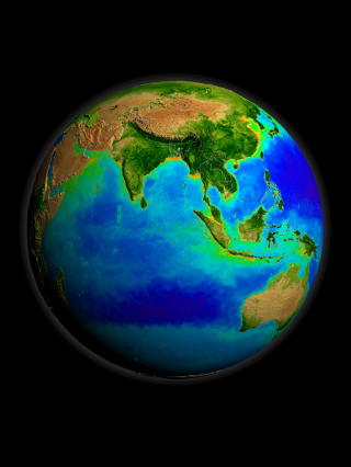 Terrestrial bioproductivity shows strong green signals, highlighted here by the contrast between the Himalays and South East Asia.