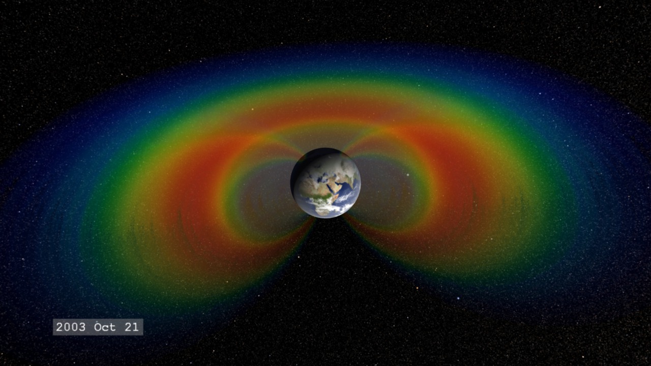 A movie of changes to the Earth's radiation belts before, during and after the Halloween solar storms of 2003.