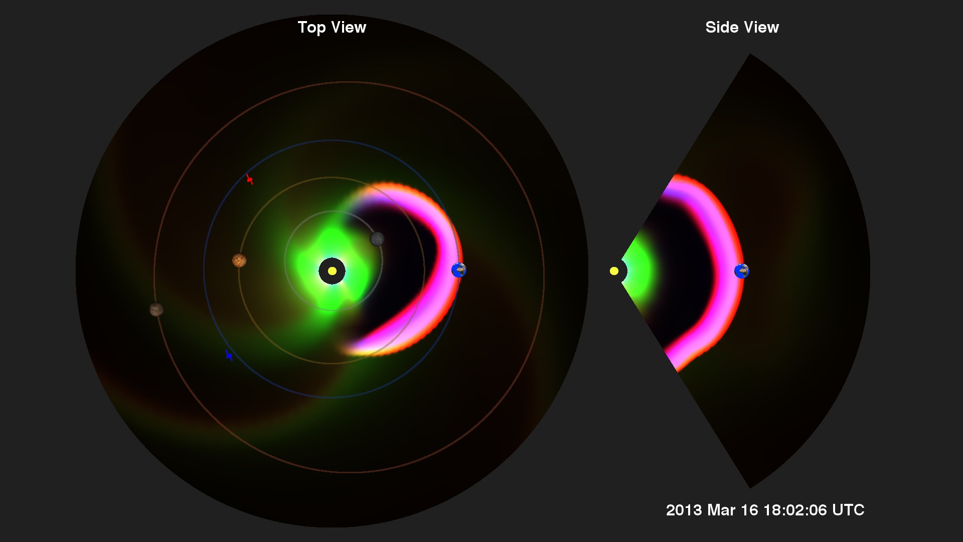 Visualization generated from the CCMC Enlil model showing the projected propagation of the CME from the Sun to Earth.