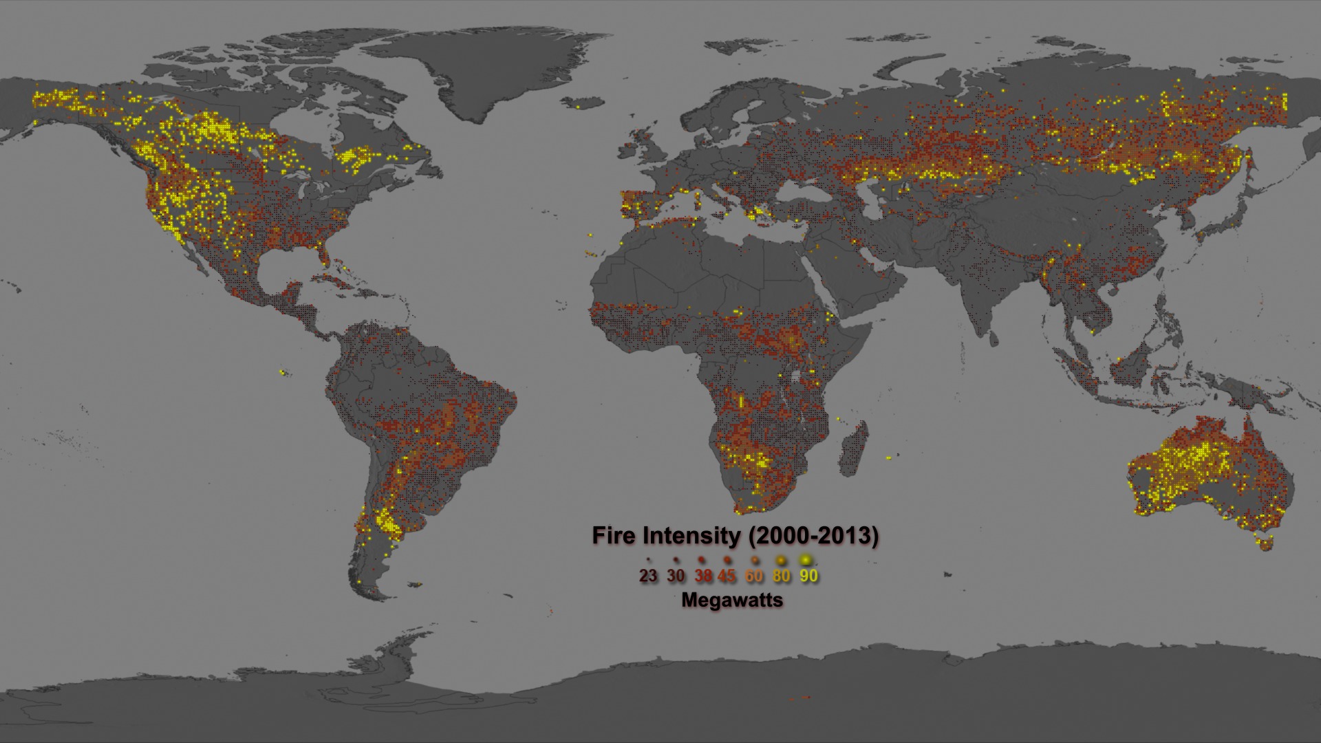  This visual shows the global view of Mean Fire Radiative Power (FRP) from the MODIS Climate Modeling Grid fire products. Agricultural and prescribed fires are shown in dark red. More intense fires are shown in orange. Regions where the gridded statistical summaries show the most intense fires are shown in bright yellow. 