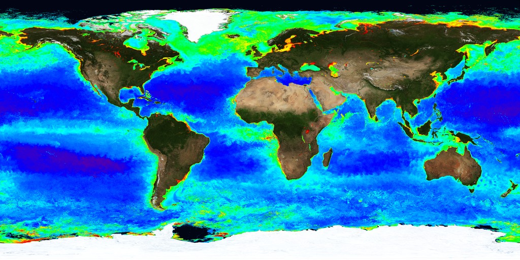 This image shows a composite of ocean chlorophyll concentration and land vegetation taken by Aqua MODIS.