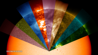 The movie opens with a full-disk view of the Sun in visible wavelengths.  Then the filters are applied to small pie-shaped wedges of the Sun, starting with 170nm (pink), then 160nm (green), 33.5nm (blue), 30.4nm (orange), 21.1nm (violet), 19.3nm (bronze), 17.1nm (gold), 13.1nm (aqua) and 9.4nm (green).  We let the set of filters sweep around the solar disk and then zoom and rotate the camera to rotate with the filters as the solar image is rotate underneath. 