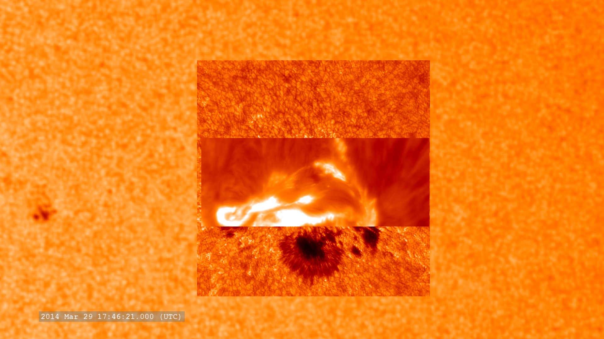 A view of the visible light solar disk from SDO/HMI and zoom-in to show visible light, hydrogen-alpha, and a calcium line from the Sacremento Peak observatory.