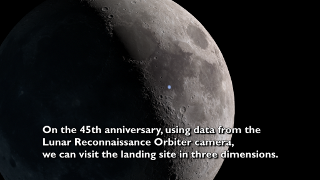 The Apollo 11 landing site visualized in three dimensions using photography and a stereo digital elevation model from the Lunar Reconnaissance Orbiter Camera.  Transcript .  This video is also available on our YouTube channel .