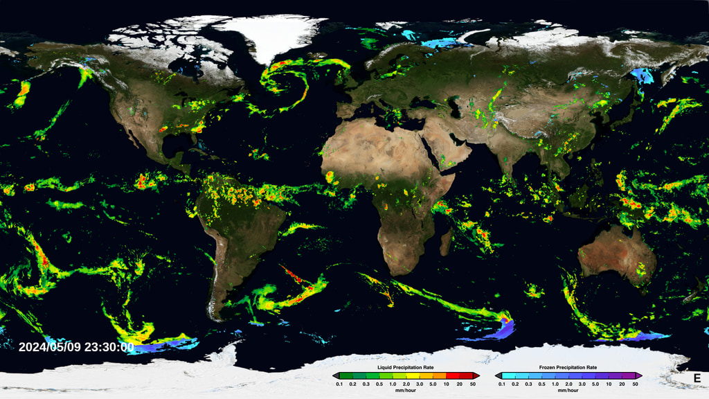 An animation of the most currently available global precipitation data from IMERG.