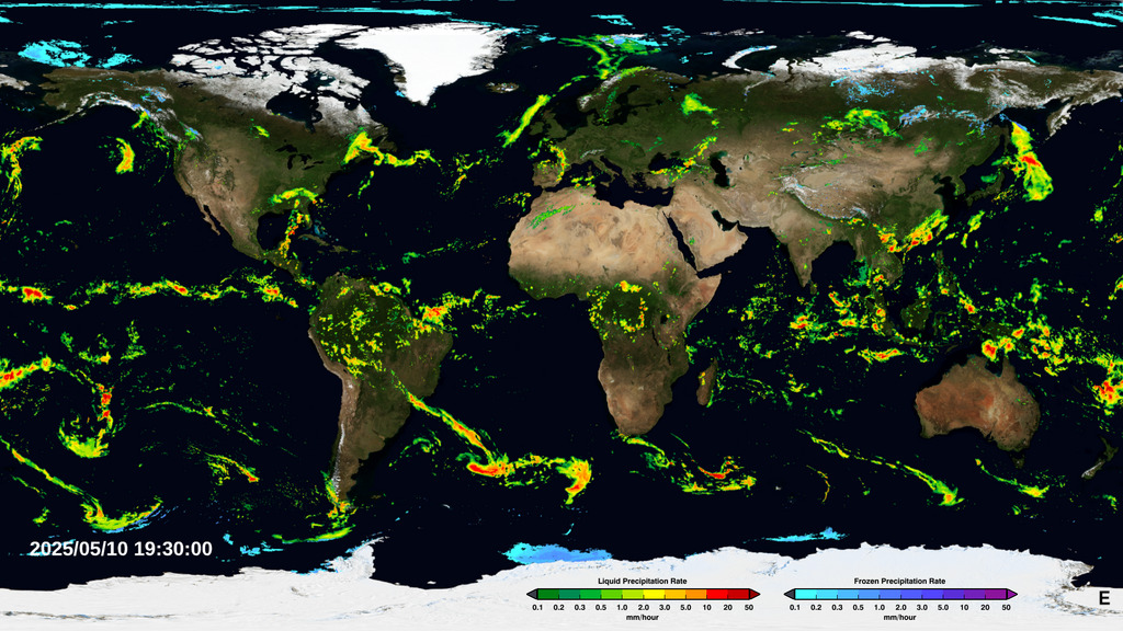 An animation of the most currently available global precipitation data from IMERG.