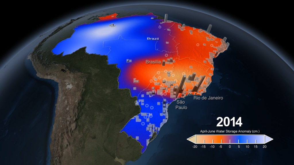 Example animation showing significant ground water storage loss around Brazil's most populated areas. This animation starts with a global view of the Americas, then zooms into the country of Brazil. The location of major reservoirs are revealed, followed by population data. Lastly, GRACE water storage anomaly data for the months of April, May, June is shown beginning in 2002 and going up to 2014. Finally, the region around São Paulo and Rio de Janeiro is highlighted to show the significant water storage loss in this highly populated region.This video is also available on our YouTube channel.