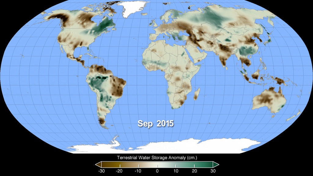 Animation showing Terrestrial Water Storage Anomaly (TWSA) data from 2002 to 2015. Browns indicate areas with less ground water than normal and greens are areas with more ground water than normal, which correlates to droughts and floods in these various regions.This video is also available on our YouTube channel.