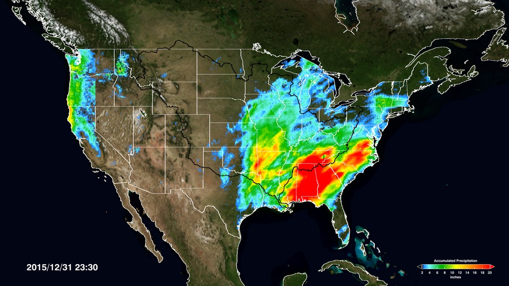 This animation shows the accumulation of rainfall over the United States during December 2015, from the IMERG precipitation dataset.  The black outline indicates the Mississippi-Missouri River basin.  This version has been edited to only show the periods of significant rainfall during the month.This video is also available on our YouTube channel.