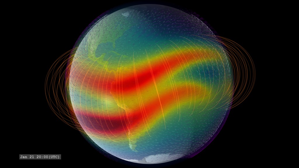 Oxygen ion enhancements at 350km altitude, ionospheric winds at altitudes of 100 km (white) and 350 km (violet) and the low-latitude geomagnetic field.