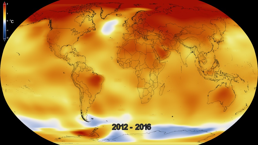 This color-coded map displays a progression of changing global surface temperatures anomalies from 1880 through 2016. The final frame represents global temperature anomalies averaged from 2012 through 2016 in degrees Celsius.