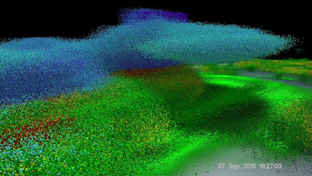 GPM's DPR and GMI instruments observe Tropical Storm Florence undergoing wind shearGPM passed over Tropical Storm Florence on September 7, 2018. As the camera moves in on the storm, DPR's volumetric view of the storm is revealed. A slicing plane moves across the volume to display precipitation rates throughout the storm. Shades of green to red represent liquid precipitation. Frozen precipitation is shown in cyan and purple.