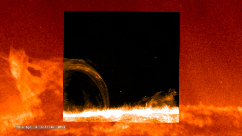 Opening full-disk solar view from AIA 304 angstroms, zooming in and fading in IRIS SJI at 1400 angstroms.